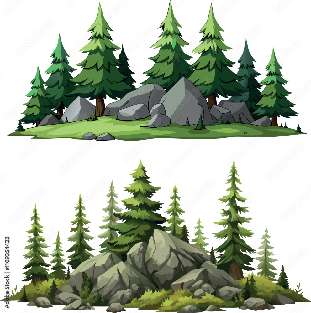 Obraz premium Lush green pine trees growing on rocky terrain