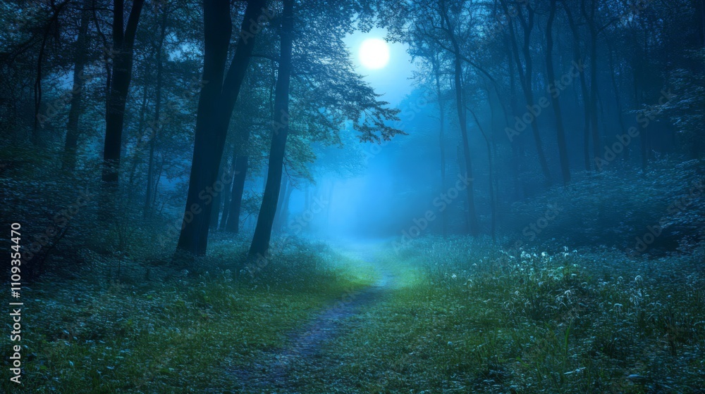 Obraz premium Moonlit path through misty forest.