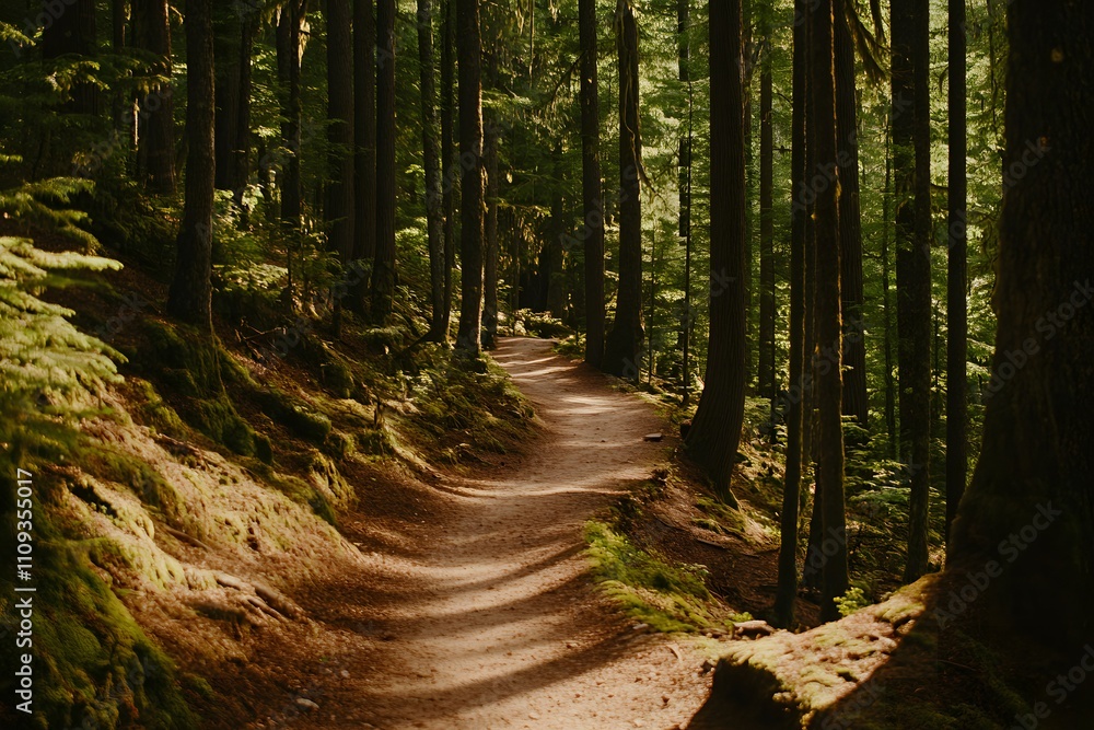 Fototapeta premium Cinematic shot of a scenic hiking trail winding through a lush forest, with sunlight filtering through the trees