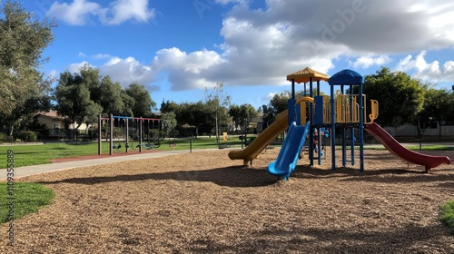 Sunny day at a playground with slides, swings, and wood chips.