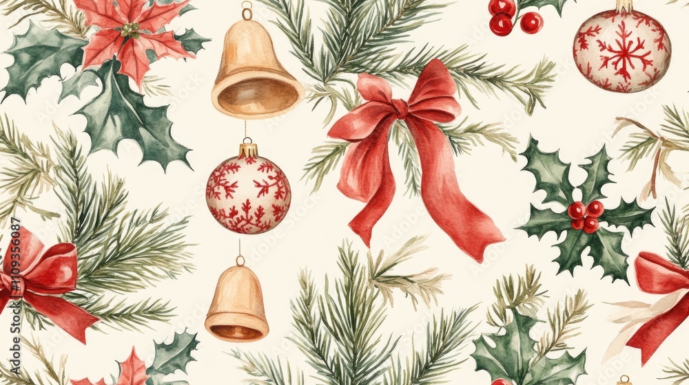 Seamless pattern featuring beautiful watercolor hand drawn Christmas decorations including balls bells bows holly and pine branches for festive invitations and greeting cards Seamless pattern featuring beautiful watercolor hand drawn Christmas decorations including balls bells bows holly and pine branches for festive invitations and greeting cards