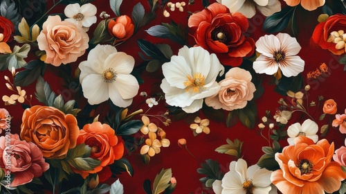 Seamless floral pattern featuring vibrant flowers on a rich red background ideal for phone wallpaper and postcards