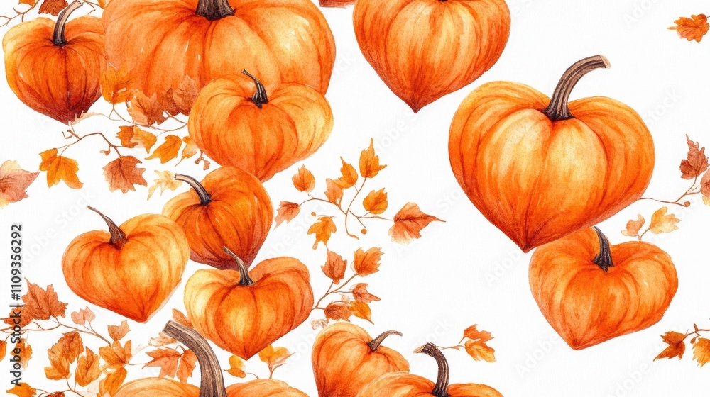 Seamless watercolor pattern featuring heart shaped frames with pumpkins ideal for autumn themed party invitations greeting cards and decorative posters Seamless watercolor pattern featuring heart shaped frames with pumpkins ideal for autumn themed party invitations greeting cards and decorative posters