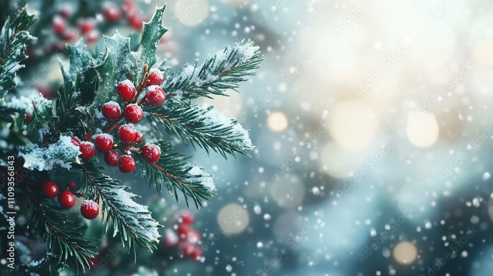 Close-up of red holly berries and snow-covered spruce branches in a winter forest. AI generated illustration Close-up of red holly berries and snow-covered spruce branches in a winter forest. AI generated illustration