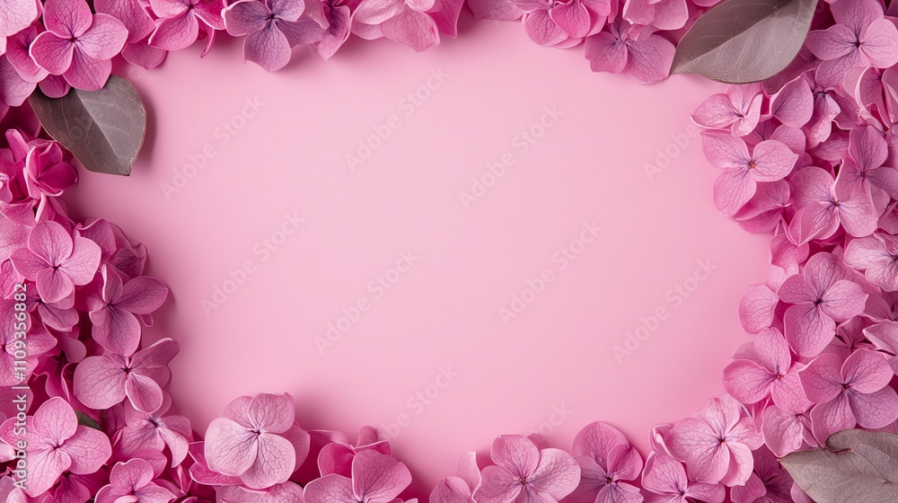 Pink hydrangea flowers frame on a soft pink background, creating a delicate and romantic floral border. Pink hydrangea flowers frame on a soft pink background, creating a delicate and romantic floral border.