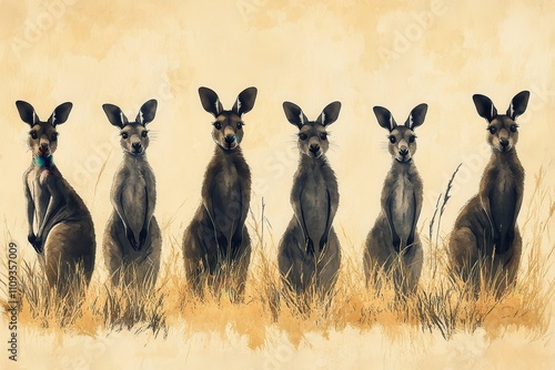 A stylized illustration of six kangaroos in a grassy setting, showcasing their unique poses. photo