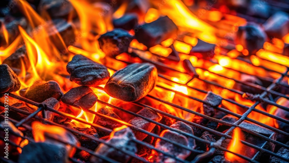 Close up of glowing embers in a barbecue grill , barbecue, charcoal, grilling, heat, flames, cooking, smoke, BBQ, metal, outdoor, hot Close up of glowing embers in a barbecue grill , barbecue, charcoal, grilling, heat, flames, cooking, smoke, BBQ, metal, outdoor, hot