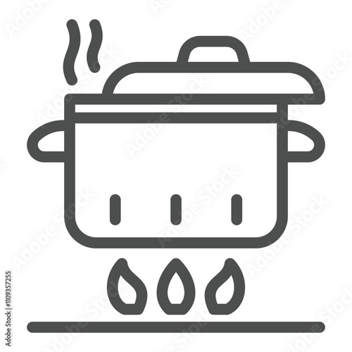 Pot on fire line icon, cooking concept. Vector graphics. Kitchen pot sign on white background, outline style icon for mobile or web design.