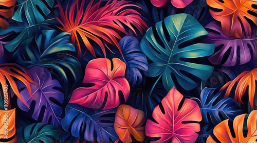 Vibrant seamless pattern featuring lush tropical leaves ideal for fabric design and home decor