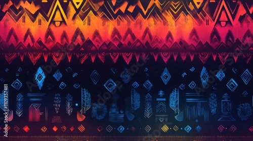 Seamless vibrant tribal pattern with gradient colors and intricate ethnic designs for unique wallpaper decor photo