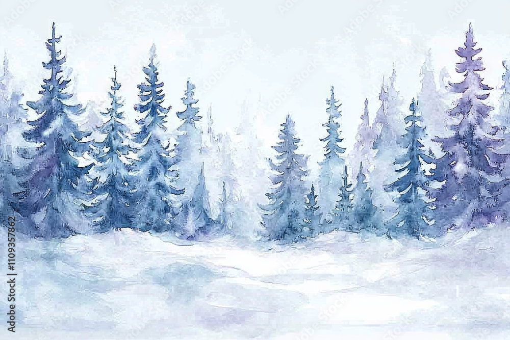 Fototapeta premium Watercolor winter landscape with snowy fir trees.