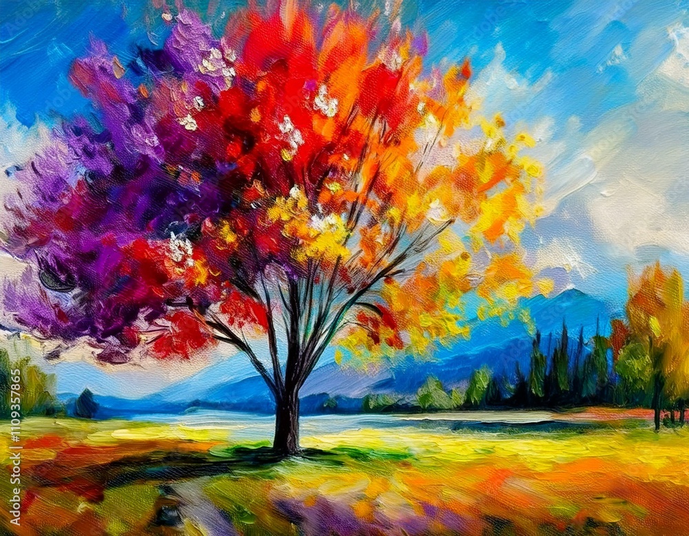 Painting of a tree with colorful flowers in the autumn season. Oil color painting. Generative AI. Painting of a tree with colorful flowers in the autumn season. Oil color painting. Generative AI.