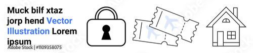 Security lock, pair of tickets, and house outline aligning text. Ideal for security, access, property, entertainment, safety online identification. Landing page