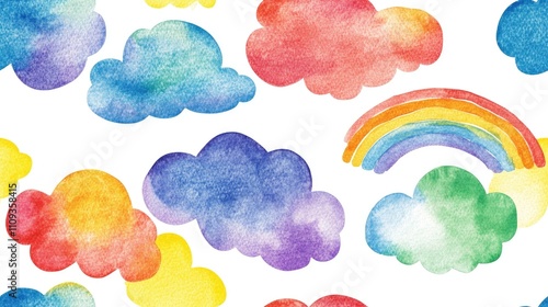 Watercolor seamless pattern of vibrant hand painted clouds and a colorful rainbow on a white background ideal for children s designs wedding invitations and party stationery
