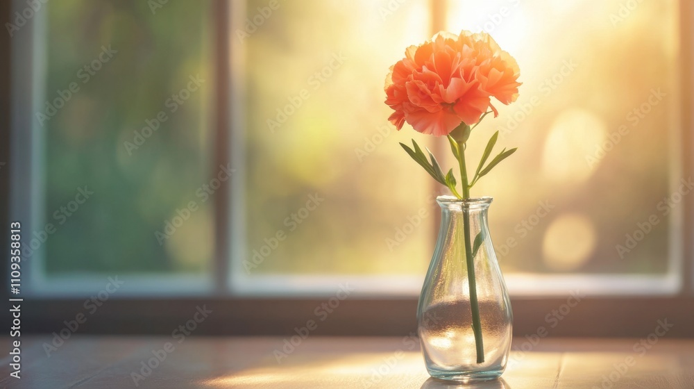 Single Orange Carnation in Glass Vase with Soft Sunlight Glow Single Orange Carnation in Glass Vase with Soft Sunlight Glow
