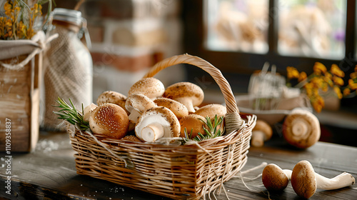 Freshly picked mushrooms overflowing from a rustic basket and sitting on a wooden table photo