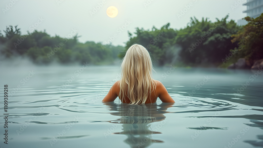 Fototapeta premium Beautiful woman in hot tub on the background of the sun.