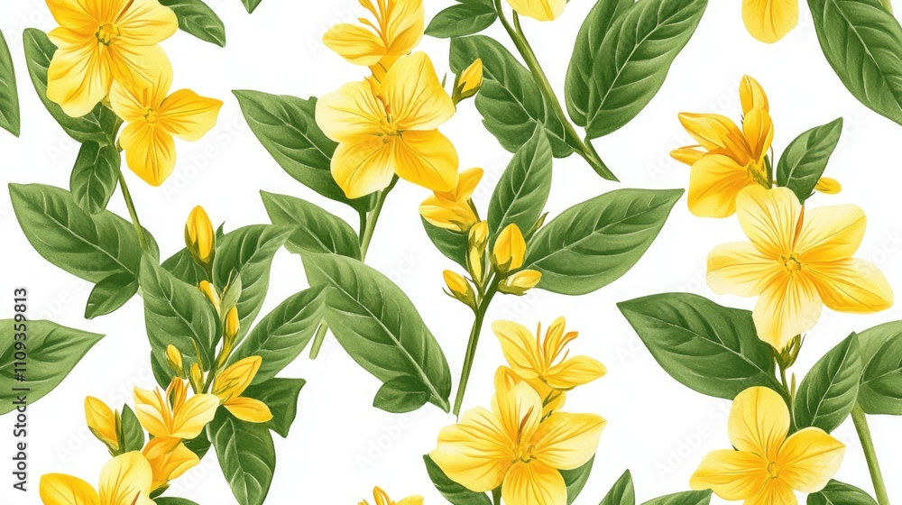Seamless pattern of a loosestrife bush branch adorned with blooming yellow flowers and vibrant green leaves ideal for card designs and wedding invitations Seamless pattern of a loosestrife bush branch adorned with blooming yellow flowers and vibrant green leaves ideal for card designs and wedding invitations