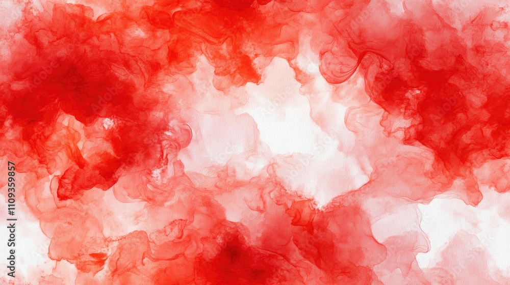 Fototapeta premium Seamless pattern of vibrant red alcohol ink wash texture on a crisp white paper background featuring fluid paint flow and a whimsical ethereal effect