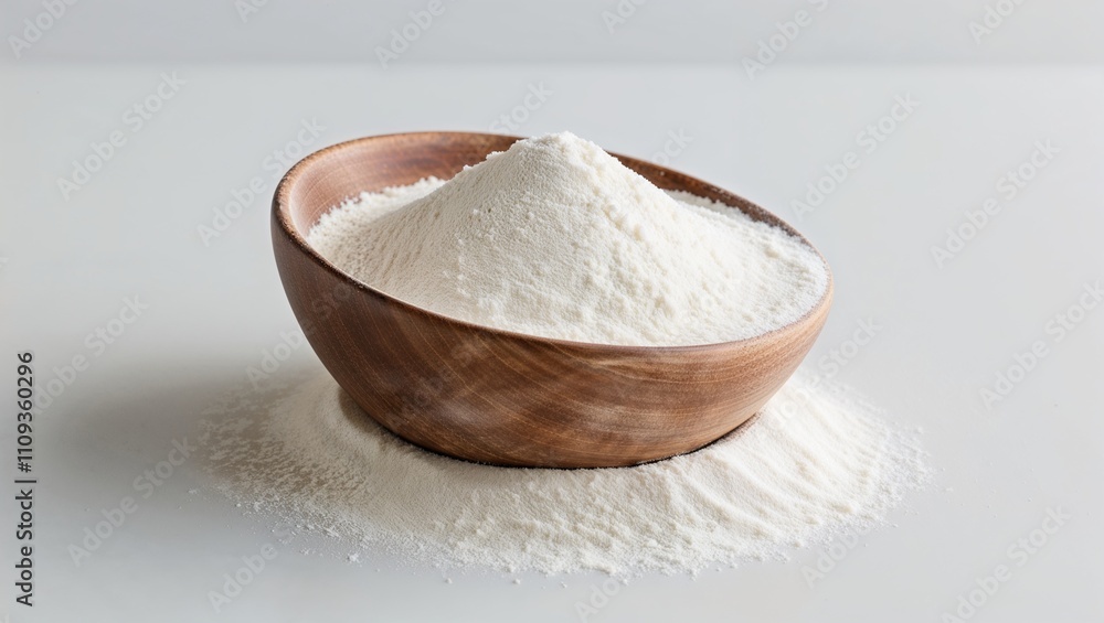A rustic wooden bowl filled with fine white flour for baking needs. A rustic wooden bowl filled with fine white flour for baking needs.
