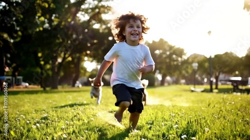 Child running barefoot on the grass in the park. Happy child running with dog. Healthy and active children's lifestyle in the park. Happy child running barefoot. Child having fun with dog outside the 