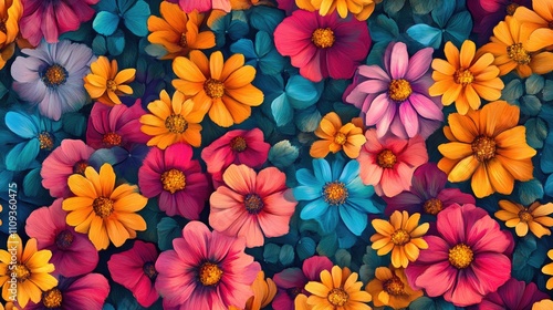 Vibrant seamless pattern of bright spring flowers in a digital painting style showcasing the beauty of nature