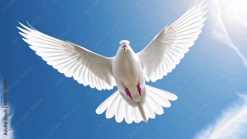 Fototapeta premium A majestic white dove soaring gracefully through the blue sky.