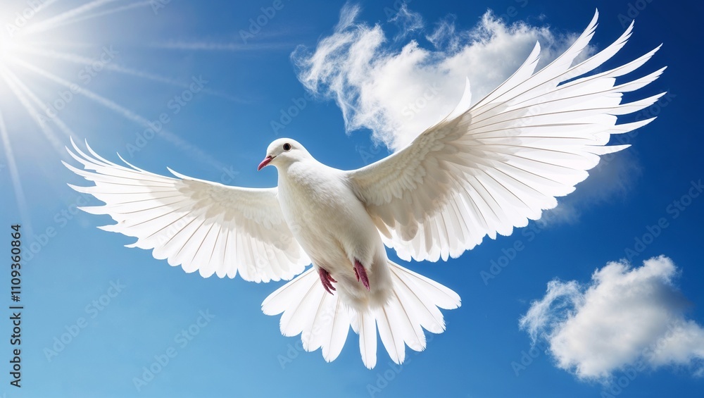 Fototapeta premium A serene white dove gliding under a radiant sunlit blue sky.