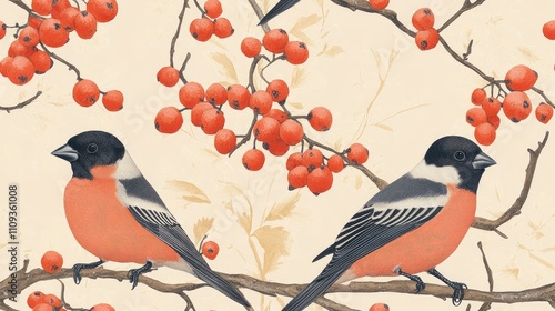 Seamless pattern featuring bullfinches perching on rowan branches ideal for textile design or home decor photo