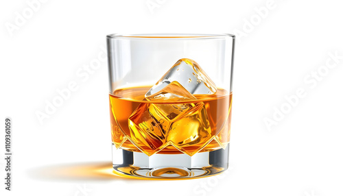 Scottish whisky in a glass with ice cubes, golden color whiskey with a white accent, png