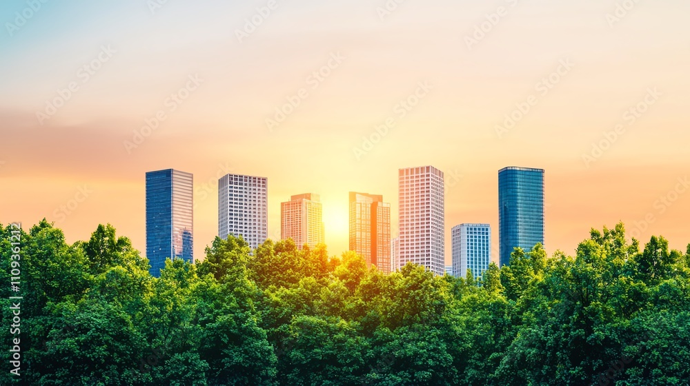 Obraz premium Sunset view of modern city skyline with lush green trees in foreground, creating a stunning urban nature contrast.
