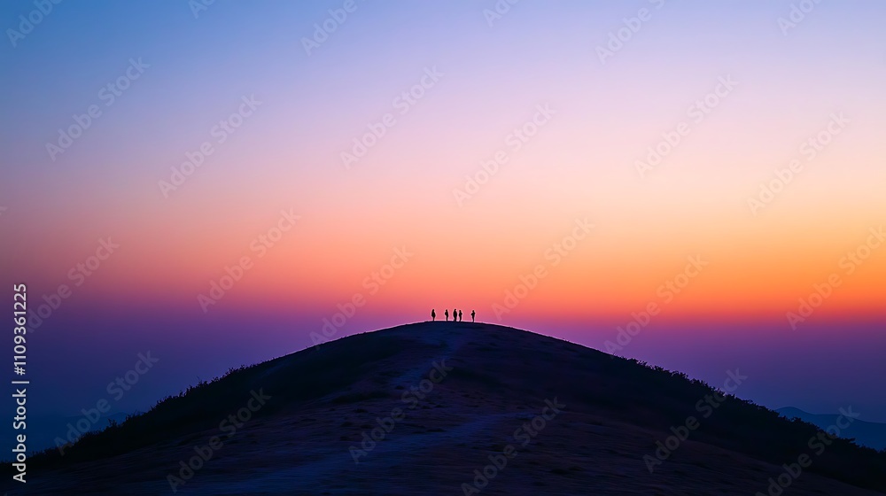 A minimalist silhouette of a group of people standing on a hill, illuminated by a soft sunset glow, with warm orange and purple tones blending in the background A minimalist silhouette of a group of people standing on a hill, illuminated by a soft sunset glow, with warm orange and purple tones blending in the background