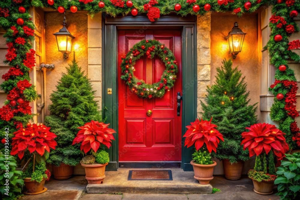 Festive Red Front Door with Wreaths and Poinsettias Surrounded by Greenery - Holiday Entrance Decor Festive Red Front Door with Wreaths and Poinsettias Surrounded by Greenery - Holiday Entrance Decor