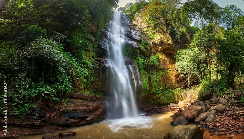 Fototapeta premium The Hidden Ekom Waterfall: A Majestic Cascade in Cameroon’s Rainforest