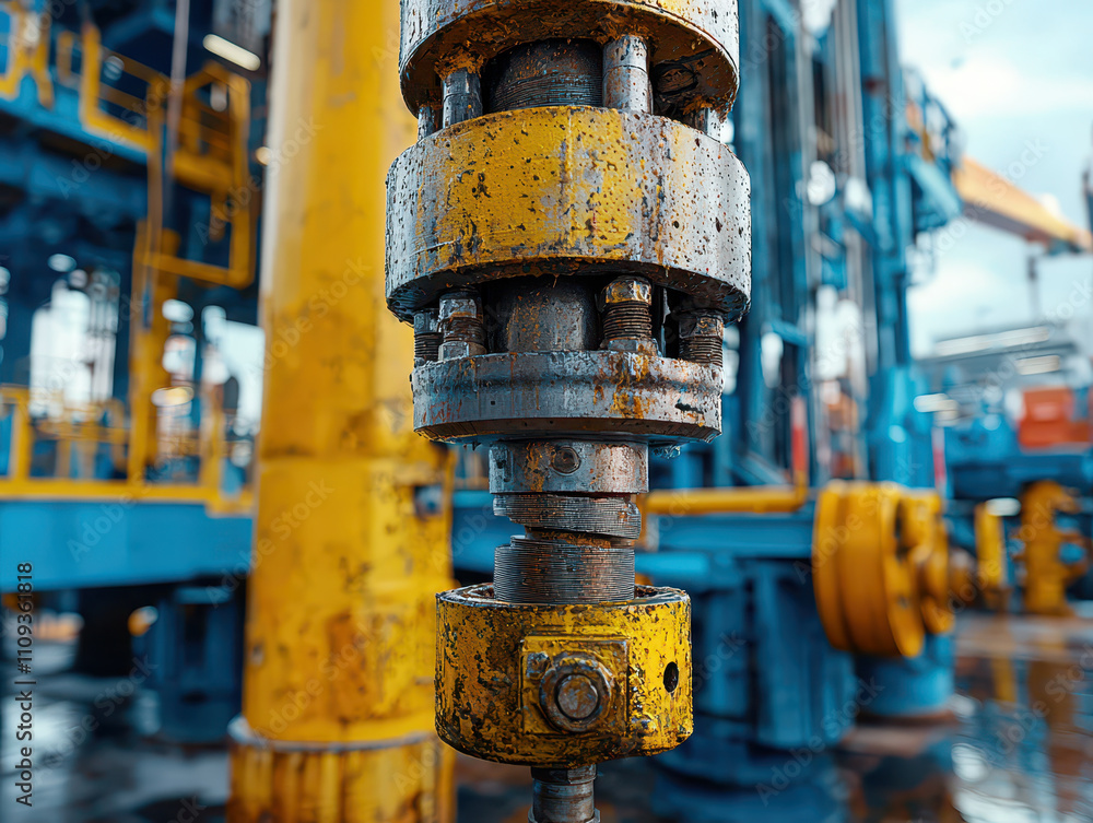 Close up of drilling equipment showcasing rust and wear on oil rig, highlighting industrial environment and machinery in action Close up of drilling equipment showcasing rust and wear on oil rig, highlighting industrial environment and machinery in action