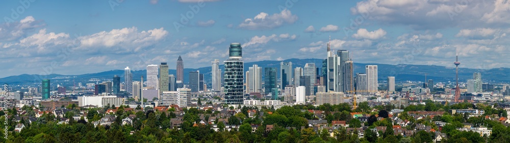 Fototapeta premium Aerial panorama of Frankfurt skyline with mountains in the background