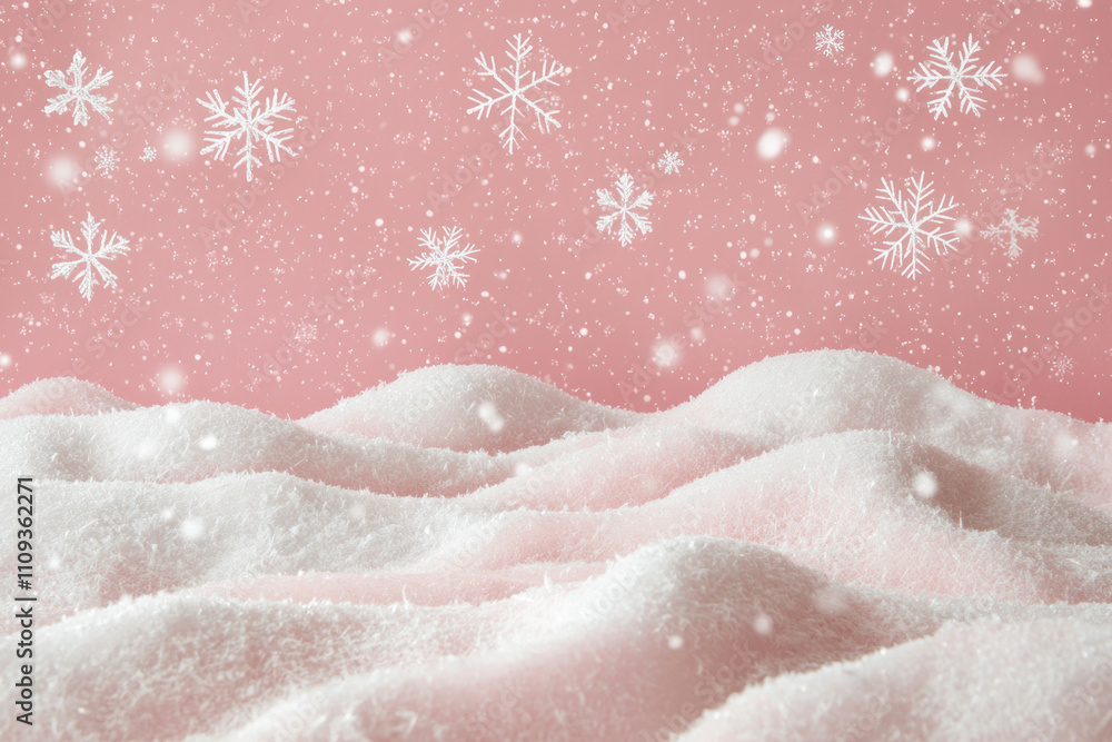Obraz premium Snow-covered hills on a pink background with falling snowflakes.