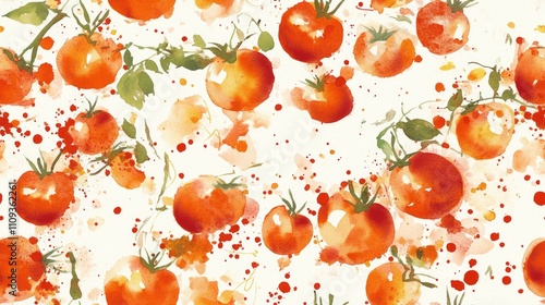Seamless hand drawn tomato pattern featuring watercolor splashes perfect for textile and wallpaper design