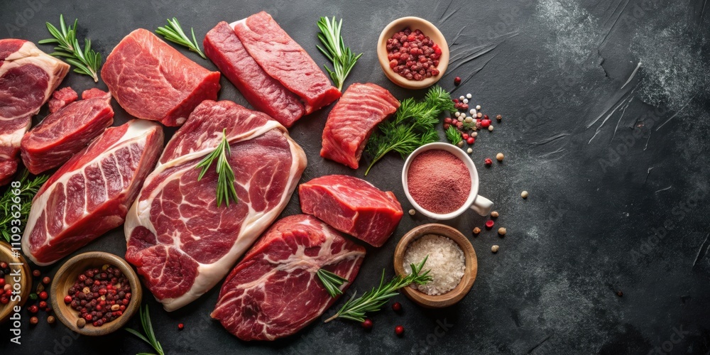 Variety of raw meat cuts on dark background, raw, meat, cuts, beef, pork, chicken, lamb, steak, ribs, fillet, sirloin, chop Variety of raw meat cuts on dark background, raw, meat, cuts, beef, pork, chicken, lamb, steak, ribs, fillet, sirloin, chop