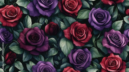 Seamless watercolor pattern featuring a bouquet of maroon and purple roses alongside lush green leaves ideal for wedding invitation designs