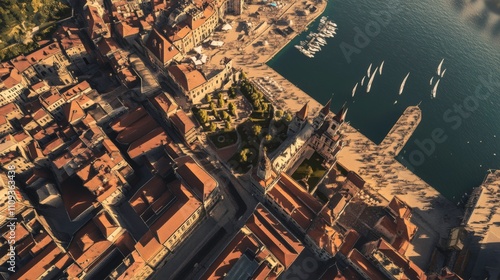 A Majestic Aerial View of Verdimonte, a Cosmopolitan Fantasy Port City, with Stone Streets, Diverse Architecture, Bustling Markets, and the Grand Seaside Palace of Elara Valarien photo