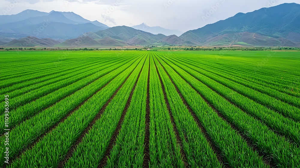 Vast green fields stretching towards distant mountains under a cloudy sky, offering a serene and tranquil landscape view. Vast green fields stretching towards distant mountains under a cloudy sky, offering a serene and tranquil landscape view.