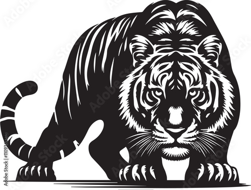 A tiger in a stalking pose low to the ground vector silhouette