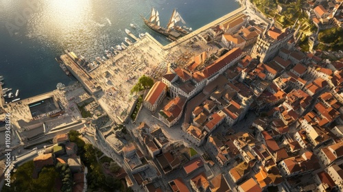 A Majestic Aerial View of Verdimonte, a Cosmopolitan Fantasy Port City, with Stone Streets, Diverse Architecture, Bustling Markets, and the Grand Seaside Palace of Elara Valarien photo