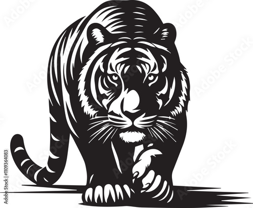 A tiger in a stalking pose low to the ground vector silhouette