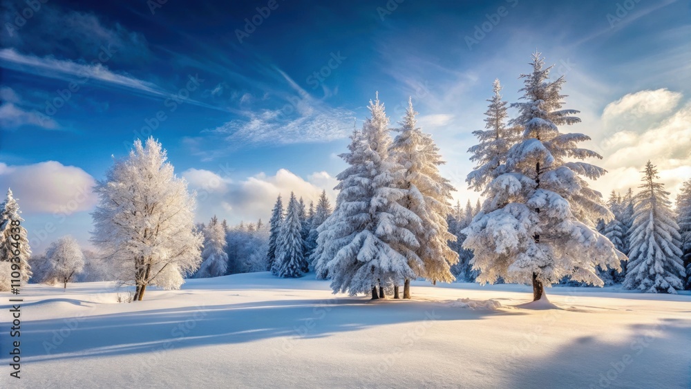 Fototapeta premium Snow-covered trees in a stunning winter landscape, snow, trees, winter, panorama, cold, frost, beautiful, scenery, nature