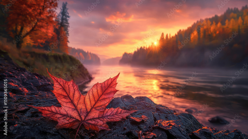 serene riverbank at sunset, featuring vibrant red maple leaf on rocky shore. warm colors of autumn foliage reflect beautifully in water, creating picturesque scene serene riverbank at sunset, featuring vibrant red maple leaf on rocky shore. warm colors of autumn foliage reflect beautifully in water, creating picturesque scene