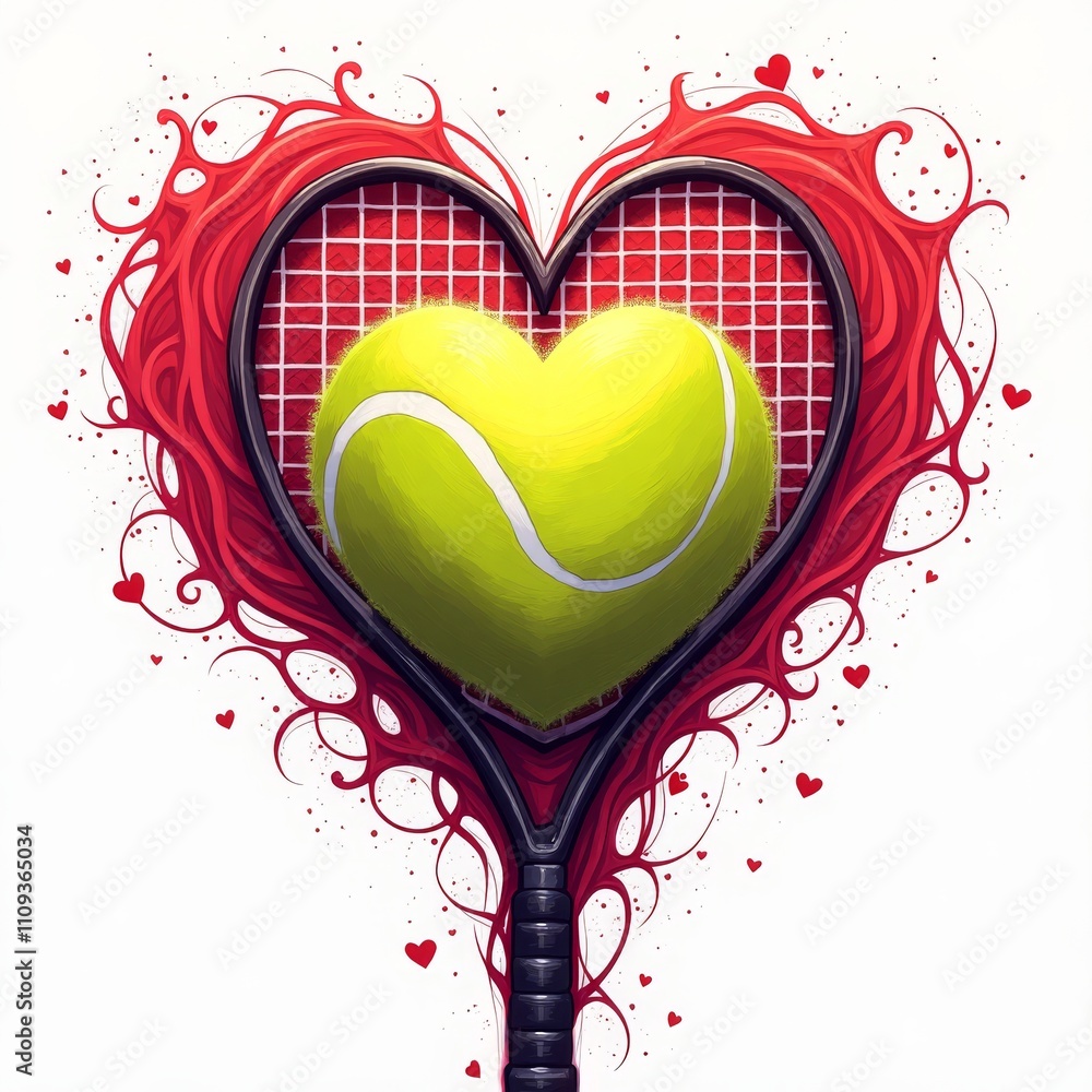 Tennis love valentine. Illustration of a heart-shaped tennis racket with a heart-shaped tennis ball, surrounded by red swirls and small hearts, conveying a love for tennis, ideal for Valentine's Day.