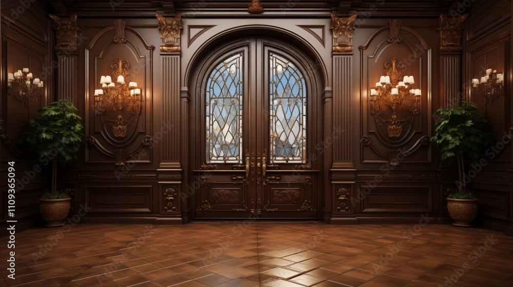 Fototapeta premium A timeless living room featuring classic double doors. Elegant design and sophisticated decor bring warmth to the space.