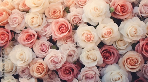 Pink and white roses in a bridal bouquet as a background